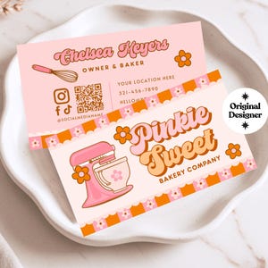 Bearbeitbare Retro Bäckerei Visitenkarte Vorlage QR-Code, Boho Baker Sofortiger Download Canva verbinden Karte, Cookie druckbare Visitenkarte, Pinkie