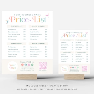 May include: Two printable price list templates with a pastel color scheme and a whimsical font. The templates feature the text "Price List" with stars and a colorful design. The templates are designed for businesses to list their services and prices. The templates include contact information and a QR code.