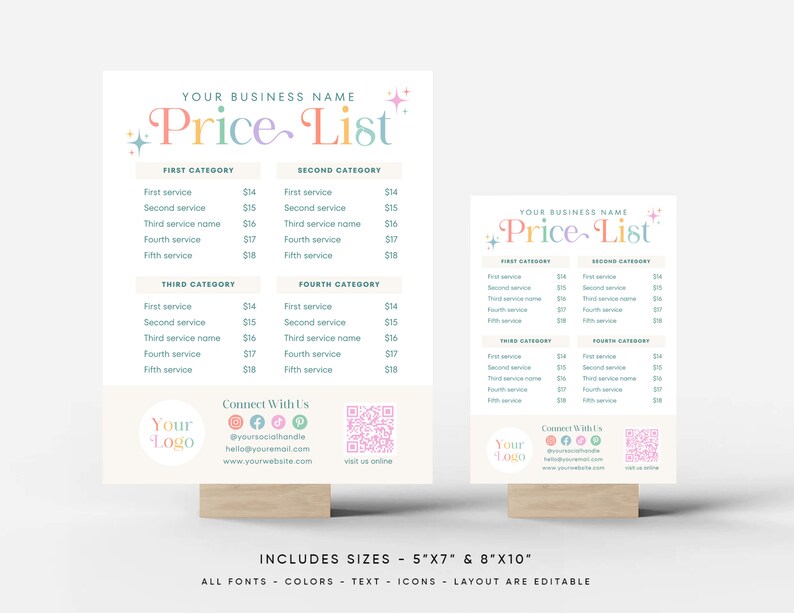 May include: Two printable price list templates with a pastel color scheme and a whimsical font. The templates feature the text "Price List" with stars and a colorful design. The templates are designed for businesses to list their services and prices. The templates include contact information and a QR code.