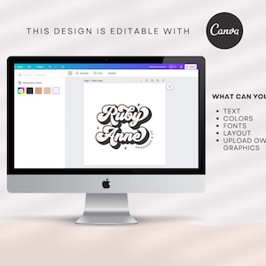 May include: A computer screen displaying a logo design for a business called "Ruby Anne Handmade & Co.". The logo features the name in a retro, stylized font with stars. The text "This design is editable with Canva" is displayed above the logo. The text "What can you edit?" is displayed to the right of the logo, followed by a list of editable elements: text, colors, fonts, layout, and upload own graphics.