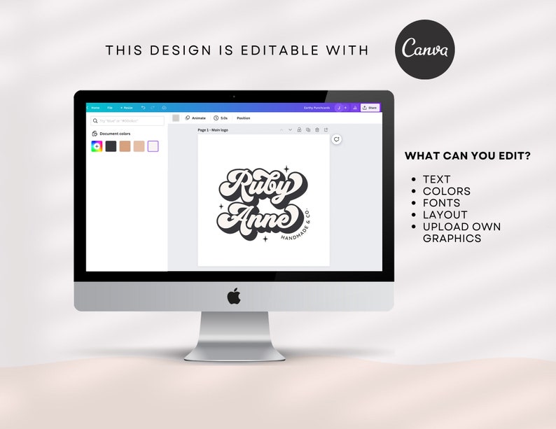 May include: A computer screen displaying a logo design for a business called "Ruby Anne Handmade & Co.". The logo features the name in a retro, stylized font with stars. The text "This design is editable with Canva" is displayed above the logo. The text "What can you edit?" is displayed to the right of the logo, followed by a list of editable elements: text, colors, fonts, layout, and upload own graphics.
