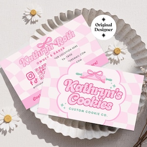 Modelo de cartão de visita de padaria Coquette QR Code, Preppy Instant Download Canva Biz Card, Trendy Pink Bow Baker Cartão de visita para impressão, Kat