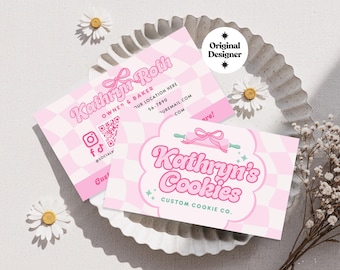 Coquette Bakery Business Card Template QR Code, Preppy Instant Download Canva Biz Card, Trendy Pink Bow baker Printable Business Card, Kat