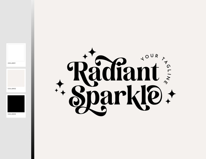 May include: Black and white logo design with the text "Radiant Sparkle" in a stylized font. The text is surrounded by small stars. The text "Your Tagline" is in a circle above the text.