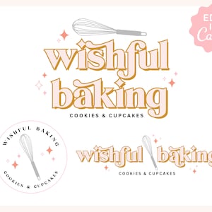 DIY Editable Retro Bakery Logo Design Instant Download, Fun Boho Sparkle Baking Logo Branding Set, Bright Premade whisk Logos - wishful