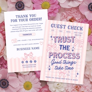 Cartão de agradecimento com laço rosa, encarte de agradecimento ao cliente editável da Preppy Coquette, modelo de cartão de visita faça você mesmo Canva GC13