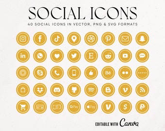 Modern Mustard Gold & White Social Icons, Yellow Feminine Social Media Icons, Business - Payment - PNG - Vector SVG Canva Editable Icon Set