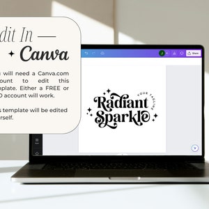 May include: A laptop computer screen displaying a logo design for a business called "Radiant Sparkle" with the tagline "Your Tagline". The logo is in black text with a white background. The laptop is on a white surface.