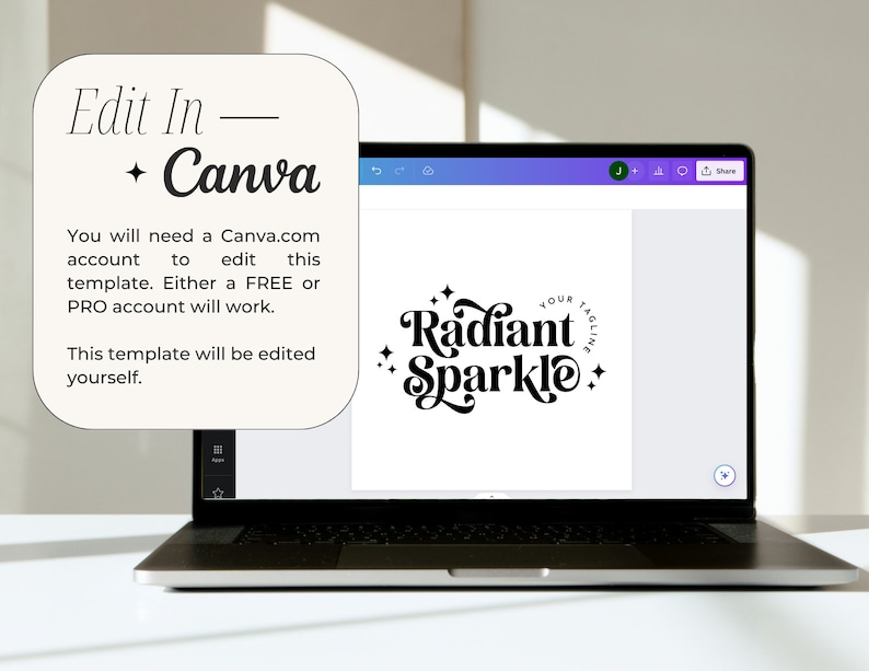 May include: A laptop computer screen displaying a logo design for a business called "Radiant Sparkle" with the tagline "Your Tagline". The logo is in black text with a white background. The laptop is on a white surface.