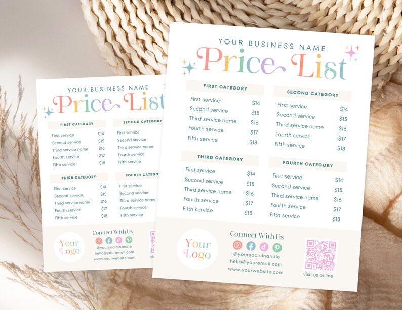 May include: A colorful price list for a business with the name "YOUR BUSINESS NAME". The price list is divided into four categories: First Category, Second Category, Third Category, and Fourth Category. Each category lists five services with their corresponding prices. The price list also includes contact information and a QR code to visit the business online.