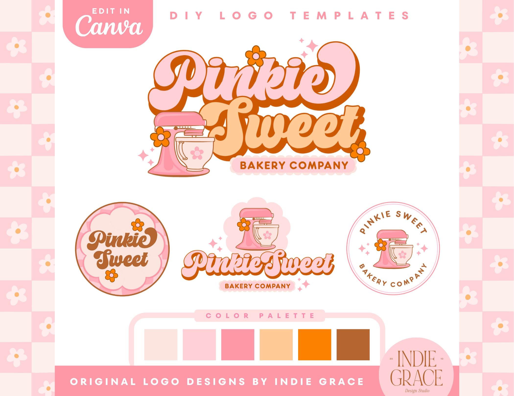 Retro Bakery Logo Canva Template, Trendy Fun Pink Mixer Baking Logo Branding, Premade Groovy Cookie Business Logo Instant Download, Pinkie