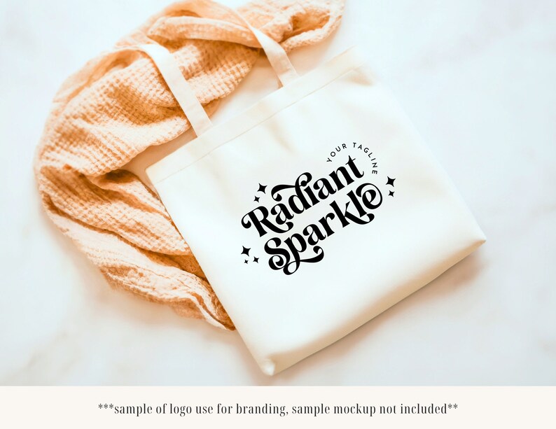 May include: White canvas tote bag with black text that reads "Radiant Sparkle" and "Your Tagline".