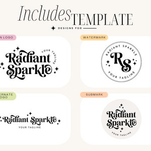 May include: A logo template design for a business called "Radiant Sparkle". The main logo features a stylized script font with the text "Radiant Sparkle" and stars. The alternate logo is a simplified version of the main logo. The watermark logo features the initials "RS" in a stylized font with stars. The submark logo is a circular version of the main logo.