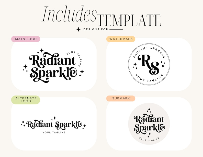 May include: A logo template design for a business called "Radiant Sparkle". The main logo features a stylized script font with the text "Radiant Sparkle" and stars. The alternate logo is a simplified version of the main logo. The watermark logo features the initials "RS" in a stylized font with stars. The submark logo is a circular version of the main logo.