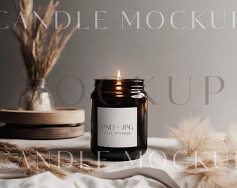 Glass Jar Candle Label Mockup Template, Amber Glass Candle mock up, Boho Jar Candle Mockup Template, Photoshop smart object mockup SC05