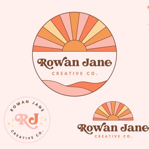 Buntes Boho Sun Logo, Retro Sunset Logo Wasserzeichen & Submark Kit, Groovy Sofort Download Logo Set, vorgefertigtes Small Business Branding, Rowan