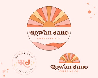 Buntes Boho Sun Logo, Retro Sunset Logo Wasserzeichen & Submark Kit, Groovy Sofort Download Logo Set, vorgefertigtes Small Business Branding, Rowan