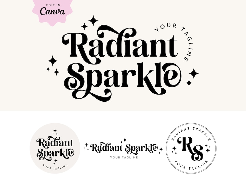 May include: Black and white logo design with the text "Radiant Sparkle" in a stylized font. The logo includes a circle with the text "Your Tagline" and stars.