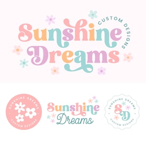 Colorful Boho Flower Logo, Retro Bright Logo Watermark & Submark Kit, Instant Download Logo Set, Premade Small Business Branding, Shiny