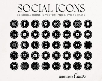 Modern Minimalist Black & White Social Icons, Feminine Social Media Icons, Business - Payment - PNG - Vector SVG Canva Editable Icon Set