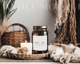 Glass Jar Candle Label Mockup Template, Amber Glass Candle mock up, Boho Jar Candle Mockup Template, Photoshop smart object mockup SC06