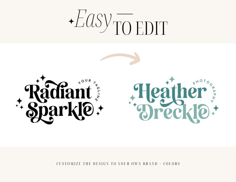 May include: Two logo designs with a whimsical font style. The first logo is black and says "Radiant Sparkle" with a circle around it that says "Your Tagline". The second logo is teal and says "Heather Dreckle Photography".