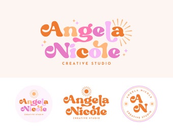 Modern Colorful Boho Sun Logo, Retro Bright Logo Watermark & Submark Kit, Instant Download Logo Set, Premade Small Business Branding, Angela