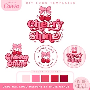 Coquette Logo Design Template, Preppy Bow and Cherries Retro Logo Canva Template, Editable Trendy Cherry Logo Branding Template Kit, CS01