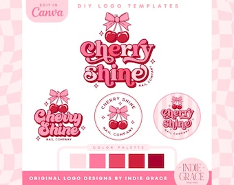 Coquette Logo Design Template, Preppy Bow and Cherries Retro Logo Canva Template, Editable Trendy Cherry Logo Branding Template Kit, CS01