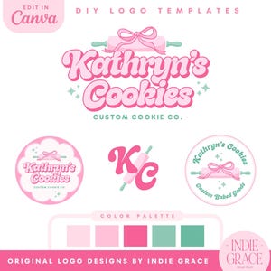 Puede incluir: Un diseño de logotipo rosa y verde para una panadería llamada "Kathryn's Cookies - Custom Cookie Co.". El logotipo presenta un rodillo con un lazo rosa y el texto "Kathryn's Cookies" en una fuente retro. También hay tres variaciones del logotipo, incluida una versión circular con un rodillo y una versión de monograma con las letras "KC".