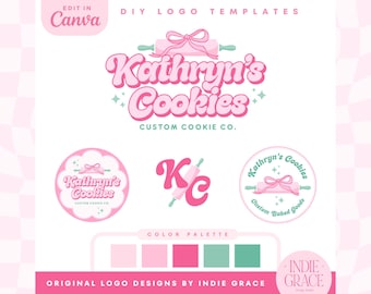 Może przedstawiać: Różowo-zielone logo dla piekarni o nazwie "Kathryn's Cookies - Custom Cookie Co.". Logo przedstawia wałek do ciasta z różową kokardką i tekst "Kathryn's Cookies" w retro czcionce. Istnieją również trzy warianty logo, w tym wersja okrągła z wałkiem do ciasta i wersja monogramu z literami "KC".
