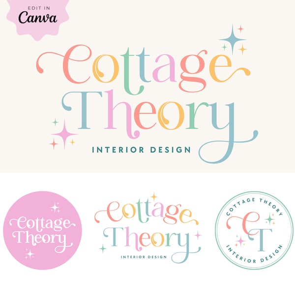 Modern Colorful Editable Logo, 70s Retro Rainbow Logo Canva Template, Instant Download Logo Set, Premade Small Business Branding, Theory