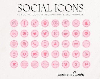 Minimalist Modern Pink Social Icons, Hot Pink Feminine Social Media Icons, Business - Payment - PNG - Vector - SVG Canva Editable Icon Set