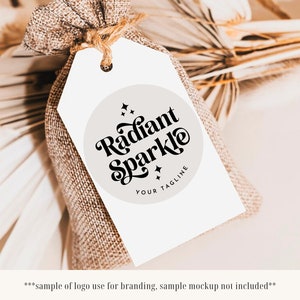 May include: A white tag with a black and white logo that says "Radiant Sparkle" and "Your Tagline". The tag is tied to a brown burlap bag.