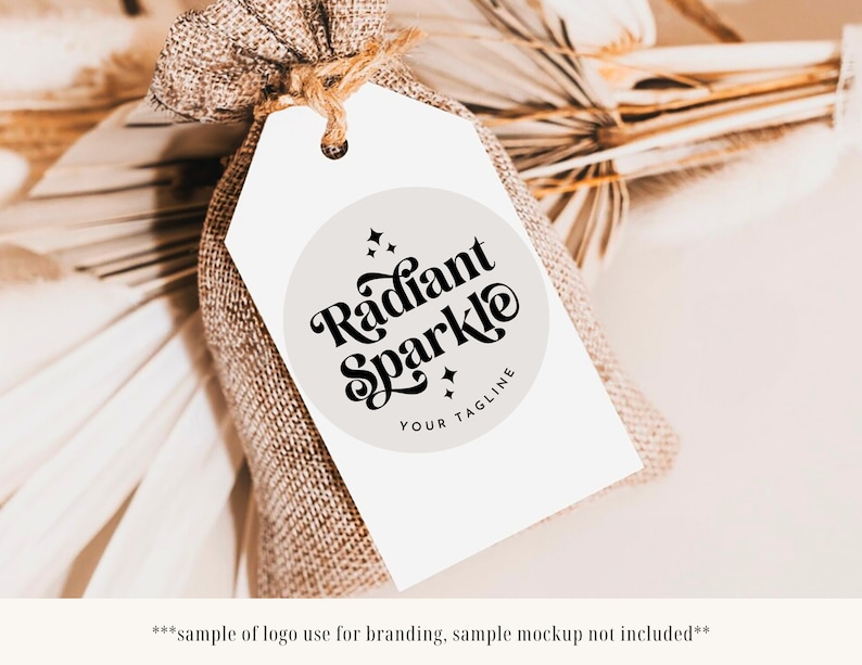 May include: A white tag with a black and white logo that says "Radiant Sparkle" and "Your Tagline". The tag is tied to a brown burlap bag.