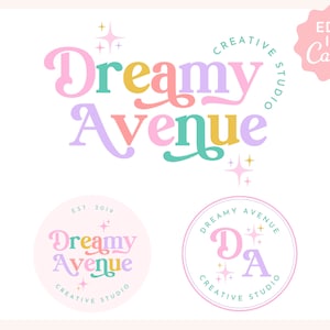 Funky Retro Font Logo Instant Download, Colorful Bright Logo Designs, 70s Groovy Logo, Fun Sparkle Logo Set, Boho Small Buisiness Logo Kit