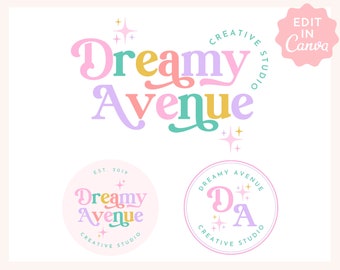 Pastel Retro Font Logo Branding kit, Colorful Bright Logo Canva Template, Fun Sparkle Logo Set, Decorative Boho Small Buisiness Logo, Shiny