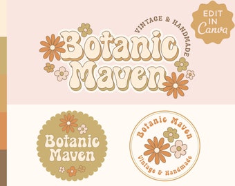 DIY Edytowalny Retro Kwiatowy Projekt Logo Natychmiastowe Pobieranie, Zabawny Groovy Boho Kwiatowy Zestaw Logo Brandingowy, Cottagecore Premade Loga - maven