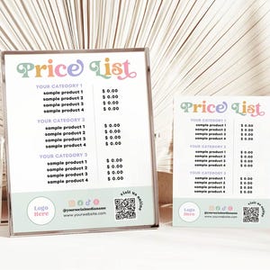 Kleurrijke DIY afdrukbare canvassjabloon prijslijst, bewerkbaar prijsblad, salonprijslijst, prijsgids, afdrukbaar betalingsbord, honing