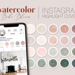 20 pochettes bohèmes fleuries aquarelles surlignées pour Instagram, pochettes neutres pour Instagram, icônes d'histoires Instagram neutres fard à joues et vert neutres
