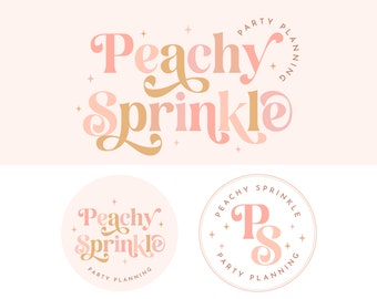 Peach Retro Font Logo Instant Download, Colorful Bright Logo Design, Fun Sparkle Logo watermark Set, Boho Small Buisiness Logo Kit, Peaches