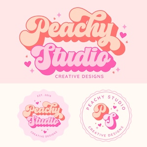 Boho Retro Logo Instant Download, Groovy Script Logo Design, Small Business Logo, Photographer logo, Bright Colorful Logo Brand Kit, Peachy