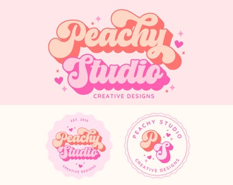 Boho Retro Logo Instant Download, Groovy Script Logo Design, Logo małej firmy, Logo fotografa, Jasny kolorowy zestaw logo marki, Peachy