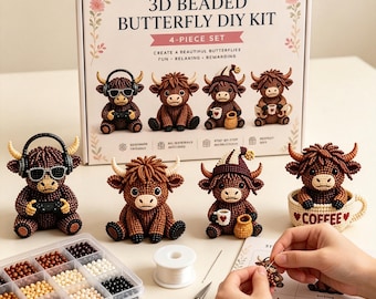 Kit de bricolaje de vaca de las Tierras Altas con cuentas 3D para cumpleaños. Caja de manualidades con animales de cuentas. Regalo para adultos aficionados a las manualidades y amantes de las vacas. Regalo para amantes de las manualidades.