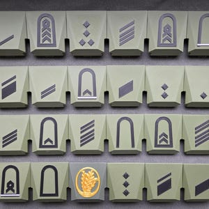 Könnte beinhalten: Eine Ansammlung olivgrüner, geometrisch geformter Objekte, die jeweils ein anderes schwarzes oder goldenes Emblem aufweisen. Die Embleme umfassen Winkel, Balken und andere militärische Insignien. Die Objekte sind in einem Raster angeordnet.