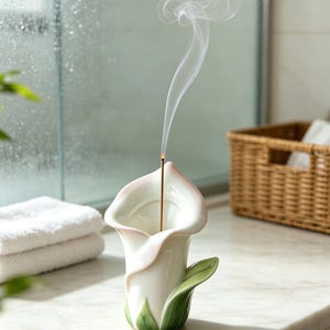 Puede incluir: Un porta-incienso de cerámica con forma de flor de cala blanca con bordes teñidos de rosa suave y hojas verdes en la base. Una varilla de incienso encendida está colocada en el centro, emitiendo un rastro visible de humo blanco que sube.