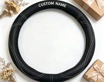 Custom Embroidered Leather Steering Wheel Cover, Personalized Name, Car Accessory Gift