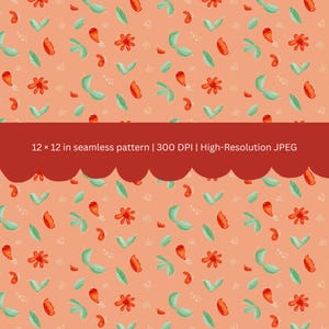 May include: A seamless digital pattern on a peach background featuring scattered red flowers, light green leaves, and small white line drawings. A red banner across the center displays the text 12 x 12 in seamless pattern | 300 DPI | High-Resolution JPEG.