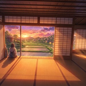Japanese Anime Tatami Room Print - Traditional Interior Sunset - Digital Download Wall Art