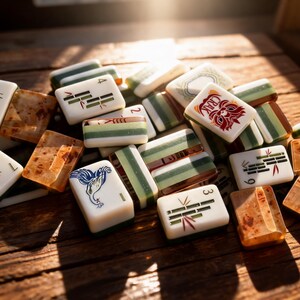 May include: A collection of rectangular mahjong tiles featuring various designs including green bamboo stalks, a blue bird, a red dragon-like creature with the text CRAK, and brown mottled patterns. The tiles are scattered in a pile.